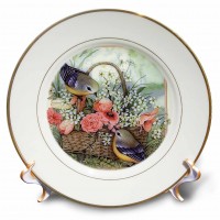 3dRose Pretty sparrows in a beautiful basket of roses , Porcelain Plate, 8-inch   555453490
